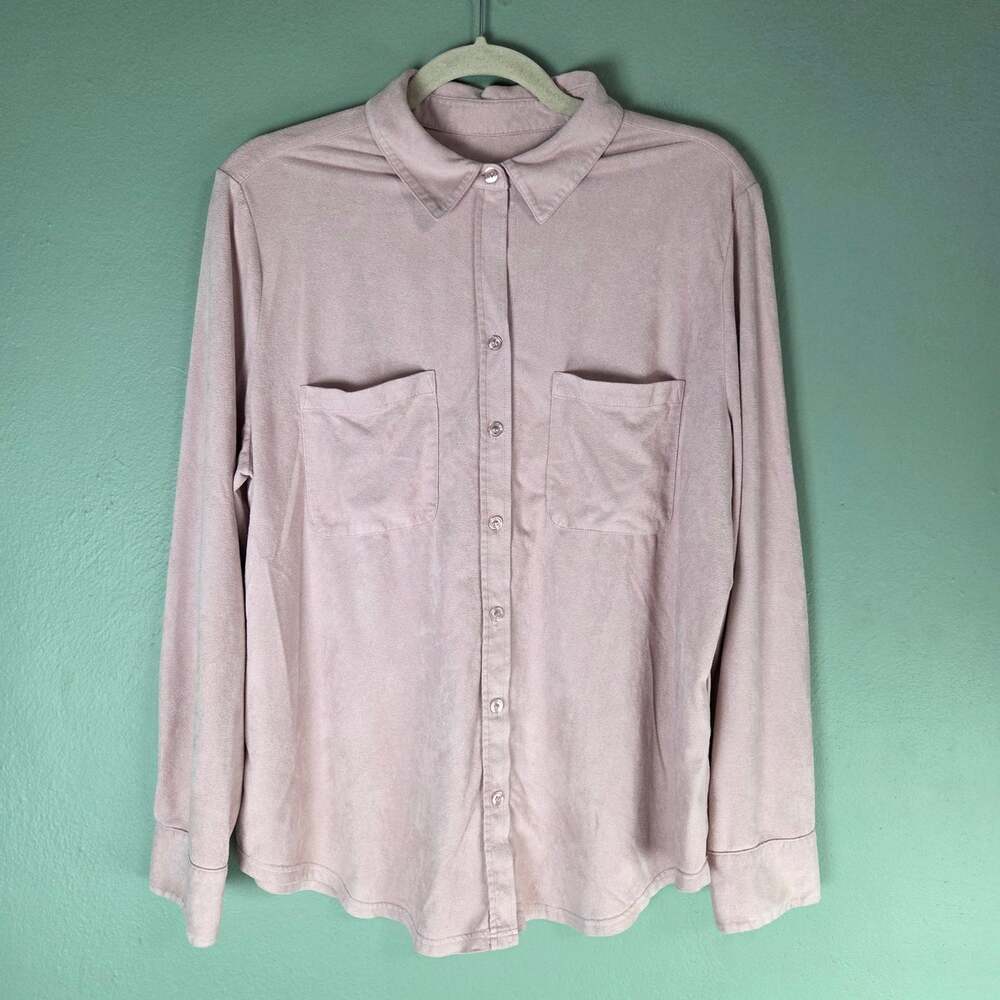 Chico's Easy Shirt Faux Suede Button Down Shirt Long Sleeve Shacket Stretchy 2
